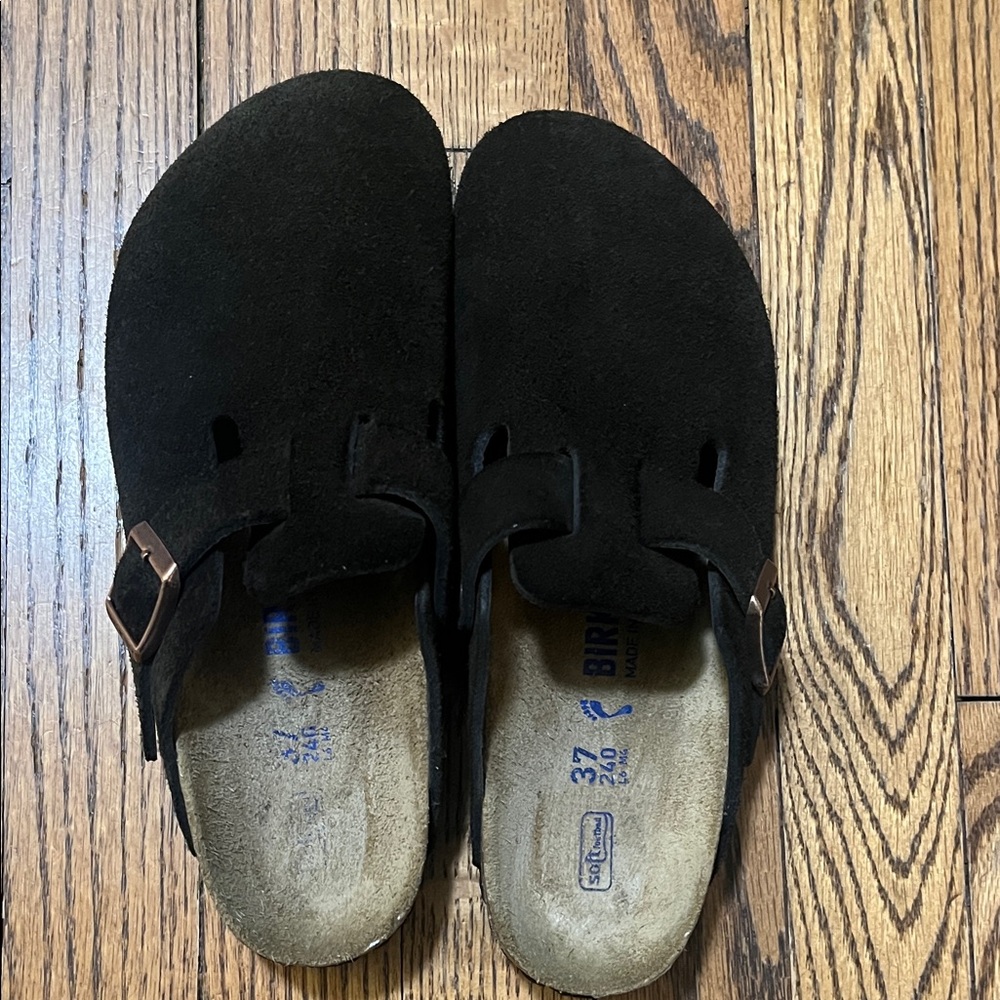 Birkenstock Boston Dark Brown Suede Clogs with soft footbed